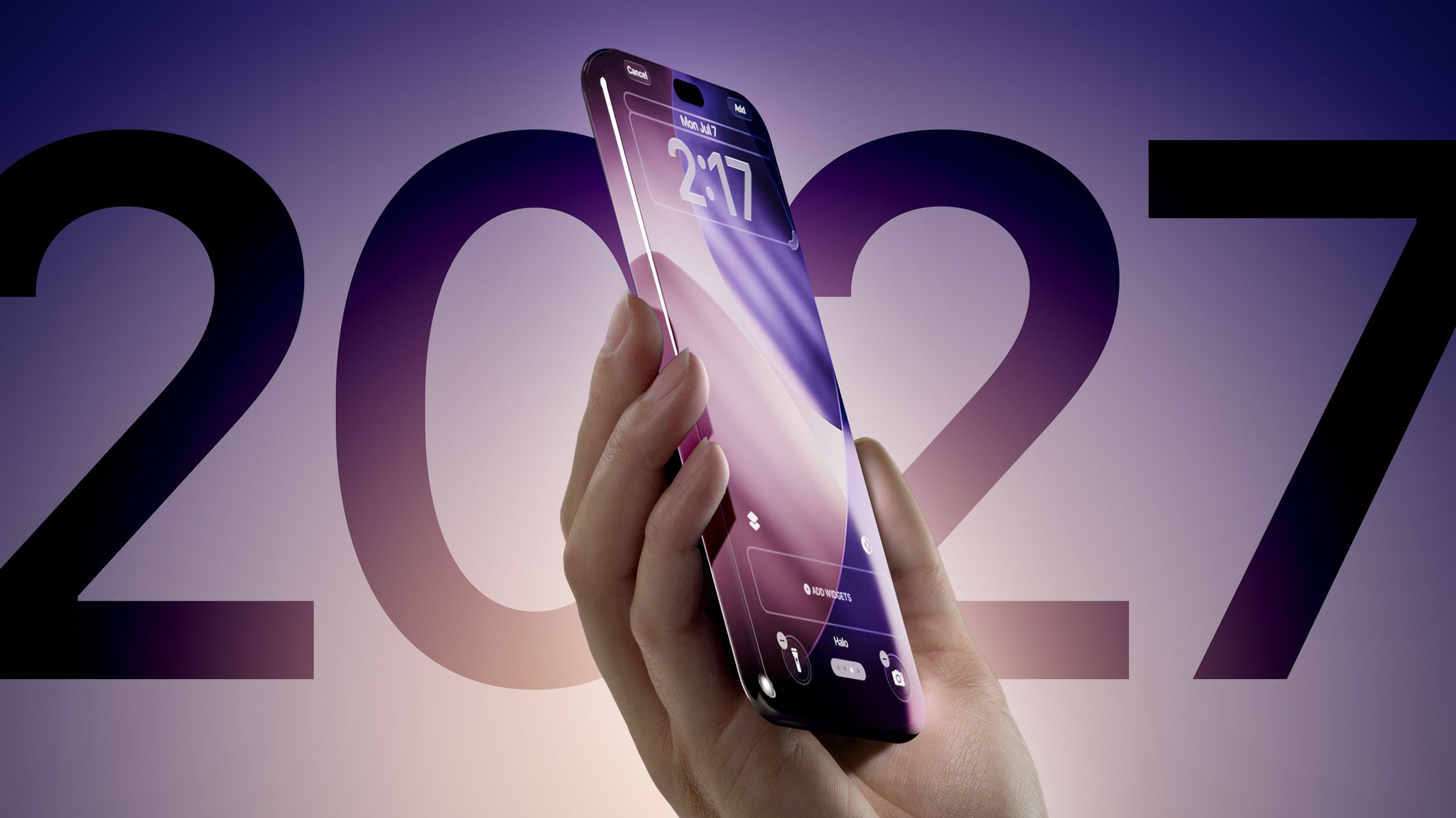 Μοβ iPhone με σχεδόν πλήρη οθόνη, 2027